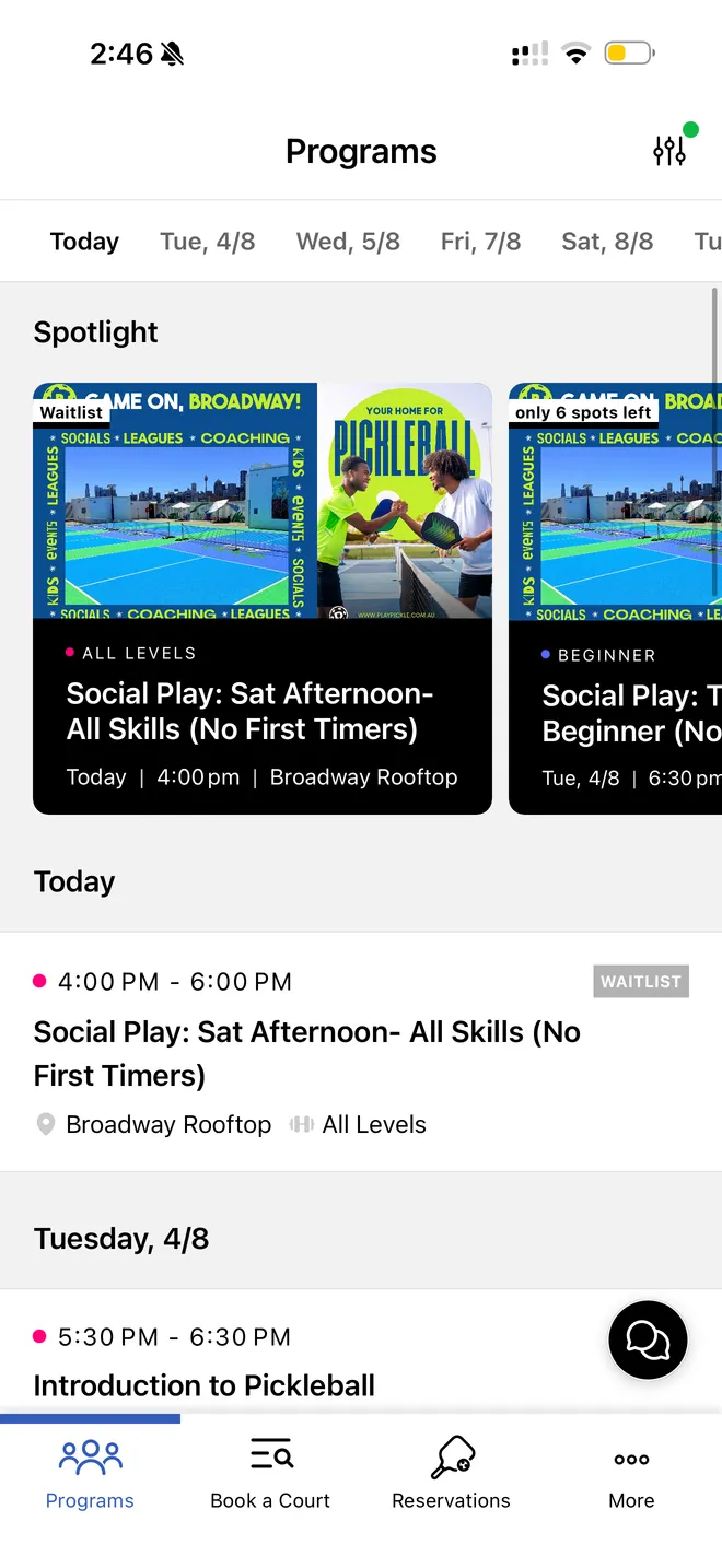 The Play Pickle app showing social play sessions at Broadway Rooftop